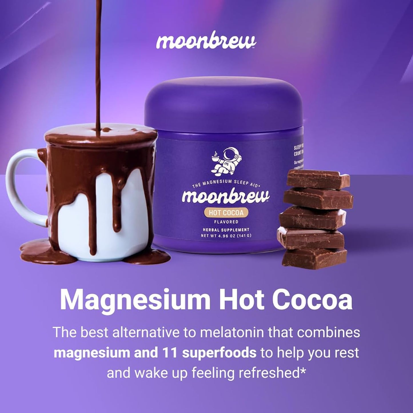 MoonBrew Nighttime Magnesium Hot Cocoa Jar, Natural Sleep Aid Drink Mix for Adults - Calming Melatonin-Free Sleep Support - Sleepy Hot Chocolate Powder with L-Theanine, Chamomile & Zinc Glycinate