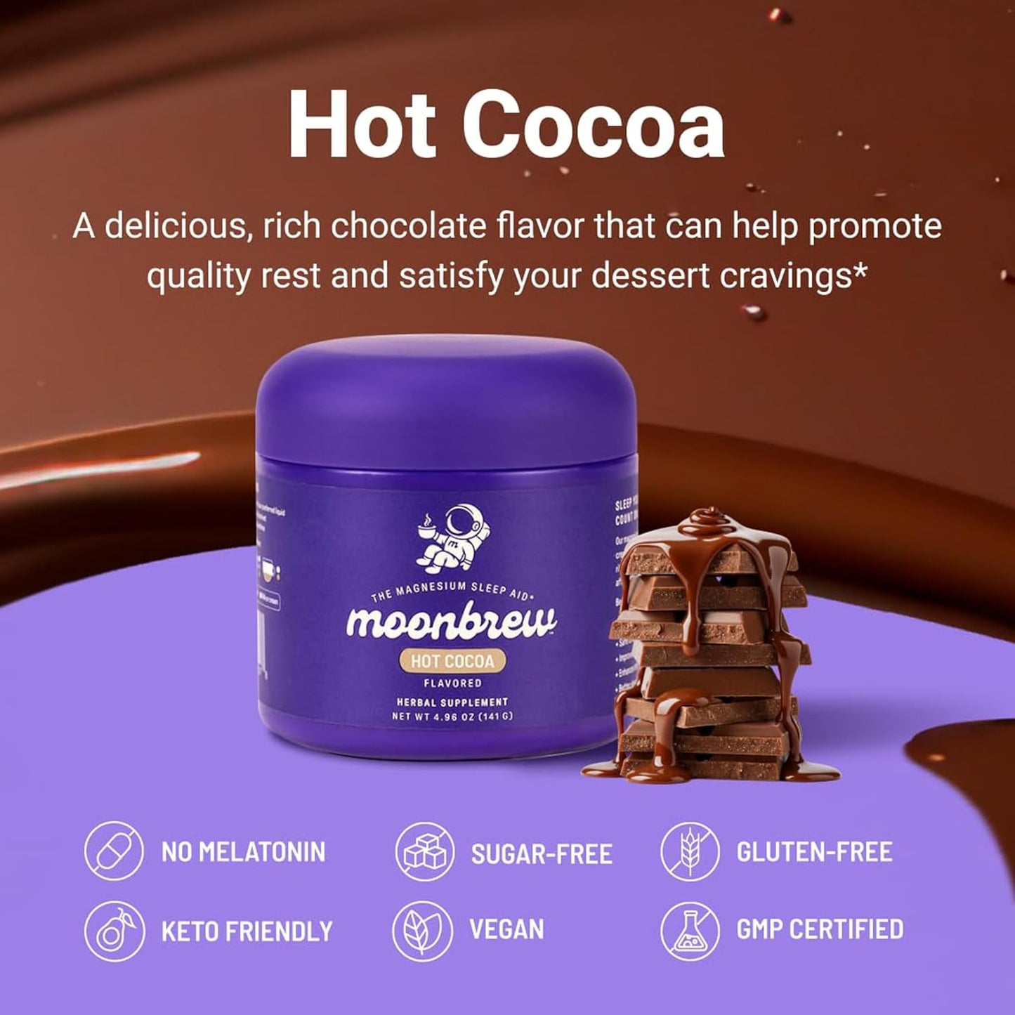 MoonBrew Nighttime Magnesium Hot Cocoa Jar, Natural Sleep Aid Drink Mix for Adults - Calming Melatonin-Free Sleep Support - Sleepy Hot Chocolate Powder with L-Theanine, Chamomile & Zinc Glycinate